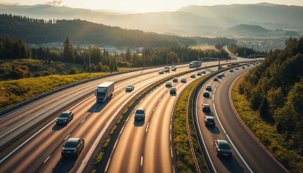 A dynamic aerial view of a German autobahn at golden hour, with an uninterrupted flow of traffic weaving through the lush, rolling hills. Sleek cars and trucks glide effortlessly along the smooth, well-maintained tarmac, illuminated by the warm, diffused light. In the middle ground, efficient lane merging and exit ramps facilitate a seamless traffic rhythm. In the background, a panoramic vista of verdant forests and picturesque villages, complementing the serene, almost meditative scene of orderly transportation. The sense of momentum and progress is palpable, reflecting the efficiency of Germany's renowned autobahn system. A dynamic aerial view of a German autobahn at golden hour, with an uninterrupted flow of traffic weaving through the lush, rolling hills. Sleek cars and trucks glide effortlessly along the smooth, well-maintained tarmac, illuminated by the warm, diffused light. In the middle ground, efficient lane merging and exit ramps facilitate a seamless traffic rhythm. In the background, a panoramic vista of verdant forests and picturesque villages, complementing the serene, almost meditative scene of orderly transportation. The sense of momentum and progress is palpable, reflecting the efficiency of Germany's renowned autobahn system.