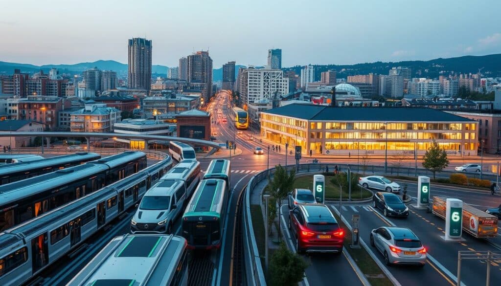 A dynamic cityscape at dusk, with sleek electric vehicles navigating modern infrastructure. In the foreground, a bustling public transit hub with people boarding efficient trains and buses. The middle ground features pedestrian-friendly streets, bike lanes, and charging stations for electric cars. In the background, a mix of residential and commercial buildings illuminated by warm lighting, showcasing sustainable architecture and renewable energy sources. The scene conveys a sense of progress towards a greener, more connected transportation future, in line with ambitious climate goals for the year 2030. A dynamic cityscape at dusk, with sleek electric vehicles navigating modern infrastructure. In the foreground, a bustling public transit hub with people boarding efficient trains and buses. The middle ground features pedestrian-friendly streets, bike lanes, and charging stations for electric cars. In the background, a mix of residential and commercial buildings illuminated by warm lighting, showcasing sustainable architecture and renewable energy sources. The scene conveys a sense of progress towards a greener, more connected transportation future, in line with ambitious climate goals for the year 2030.