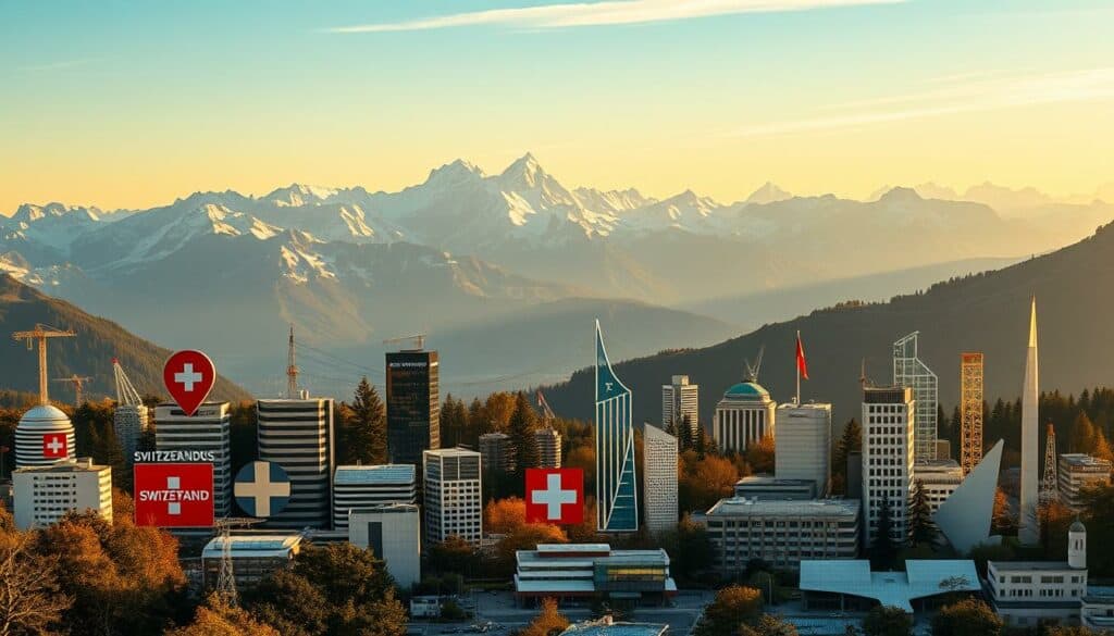 A dynamic composition showcasing the leading corporations in Switzerland, captured through a sharp, documentary-style lens. In the foreground, the iconic logos and brand identities of the nation's top companies stand out with vivid clarity, conveying a sense of power and influence. The middle ground depicts stylized illustrations or symbols representing the diverse industries these enterprises operate in, from banking and pharmaceuticals to technology and manufacturing. In the background, a panoramic vista of the Swiss Alps provides an awe-inspiring natural backdrop, symbolizing the country's prosperity and stability. The overall scene is bathed in warm, golden lighting, evoking a sense of prosperity and success. The composition is balanced and visually compelling, inviting the viewer to explore the thriving business landscape of Switzerland.