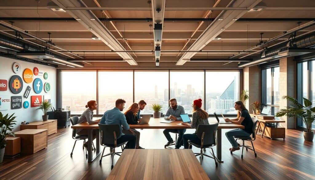 A dynamic startup office setting with an expansive, well-lit open floor plan. In the foreground, a team of young professionals collaborating at a large wooden table, laptops and notepads in hand, brainstorming marketing strategies and brand development ideas. The middle ground features prominent brand logos and vibrant color schemes displayed on the walls, conveying a sense of creative energy and a focus on visual identity. In the background, floor-to-ceiling windows offer a scenic city skyline view, casting a warm, natural light throughout the space. The overall atmosphere is one of productivity, innovation, and an entrepreneurial spirit.