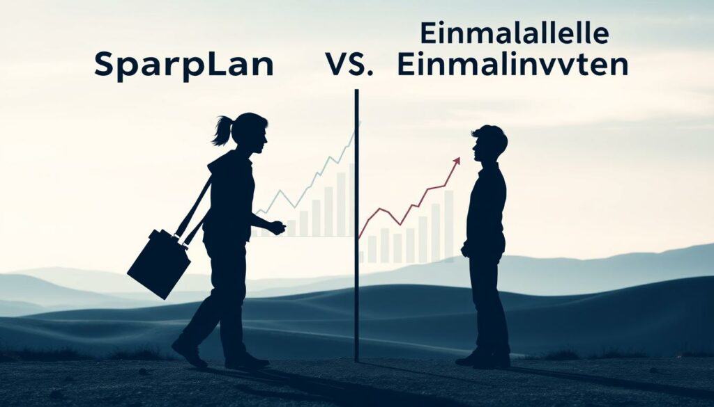 A dynamic, two-panel illustration depicting the contrast between a "Sparplan" (regular investment plan) and an "Einmalanlage" (one-time investment). The foreground showcases two distinct silhouettes, one representing steady, incremental savings and the other a lump-sum investment. The middle ground features abstract financial graphs and charts, conveying the visual language of investment strategies. The background is a serene, minimalist landscape, evoking a sense of financial planning and decision-making. The lighting is soft and diffused, creating a contemplative atmosphere. The overall composition should visually encapsulate the key differences between these investment approaches, guiding the viewer's understanding of the topic. A dynamic, two-panel illustration depicting the contrast between a "Sparplan" (regular investment plan) and an "Einmalanlage" (one-time investment). The foreground showcases two distinct silhouettes, one representing steady, incremental savings and the other a lump-sum investment. The middle ground features abstract financial graphs and charts, conveying the visual language of investment strategies. The background is a serene, minimalist landscape, evoking a sense of financial planning and decision-making. The lighting is soft and diffused, creating a contemplative atmosphere. The overall composition should visually encapsulate the key differences between these investment approaches, guiding the viewer's understanding of the topic.