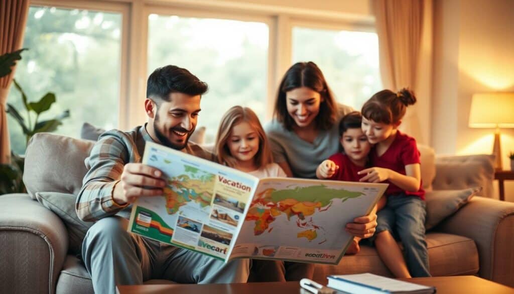 A family planning their vacation together in a cozy, warm-lit living room. In the foreground, a couple sits on a plush sofa, pouring over travel brochures and maps, their faces filled with excitement. Behind them, their children gather around a coffee table, eagerly pointing at destinations and making suggestions. The background showcases a large window, allowing natural light to filter in and creating a sense of openness and connection to the outdoors. The lighting is soft and inviting, casting a golden glow over the scene. The overall atmosphere is one of togetherness, anticipation, and the joy of planning a family adventure. A family planning their vacation together in a cozy, warm-lit living room. In the foreground, a couple sits on a plush sofa, pouring over travel brochures and maps, their faces filled with excitement. Behind them, their children gather around a coffee table, eagerly pointing at destinations and making suggestions. The background showcases a large window, allowing natural light to filter in and creating a sense of openness and connection to the outdoors. The lighting is soft and inviting, casting a golden glow over the scene. The overall atmosphere is one of togetherness, anticipation, and the joy of planning a family adventure.