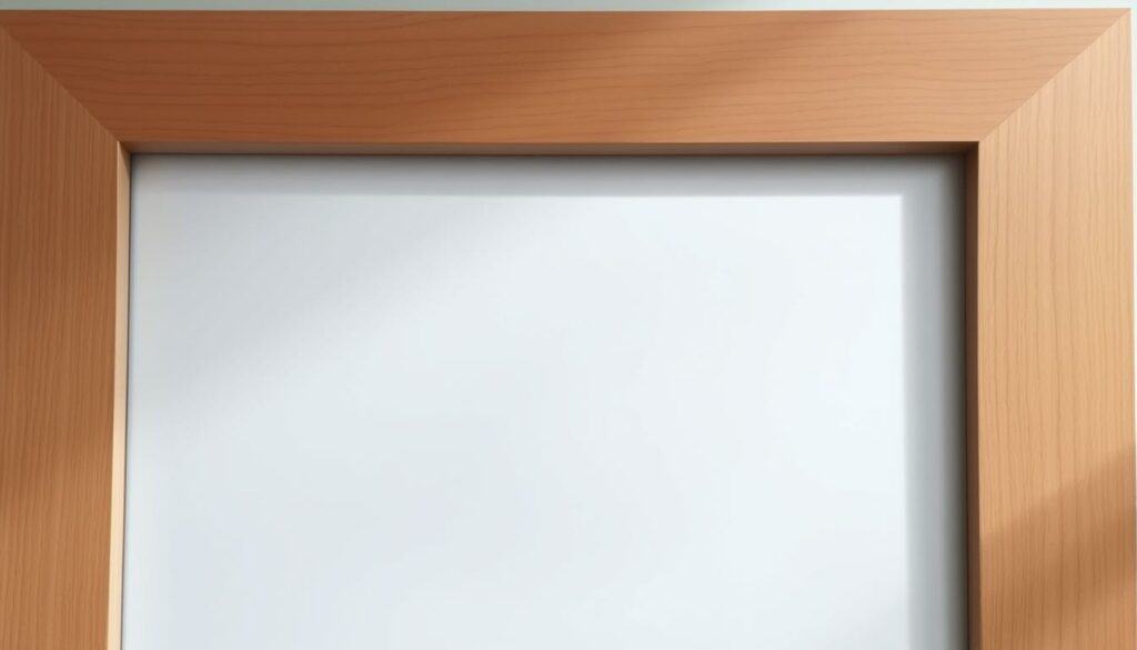 A finely crafted wooden frame with a smooth, satin-like surface finish. The wood grain pattern is subtly visible, enhancing the natural character of the material. Soft, diffused lighting from above casts gentle shadows, accentuating the depth and texture of the frame. The edges are meticulously beveled, creating a sense of refined craftsmanship. The overall atmosphere is one of quiet elegance and attention to detail, perfectly suited for showcasing a cherished artwork or mirror.