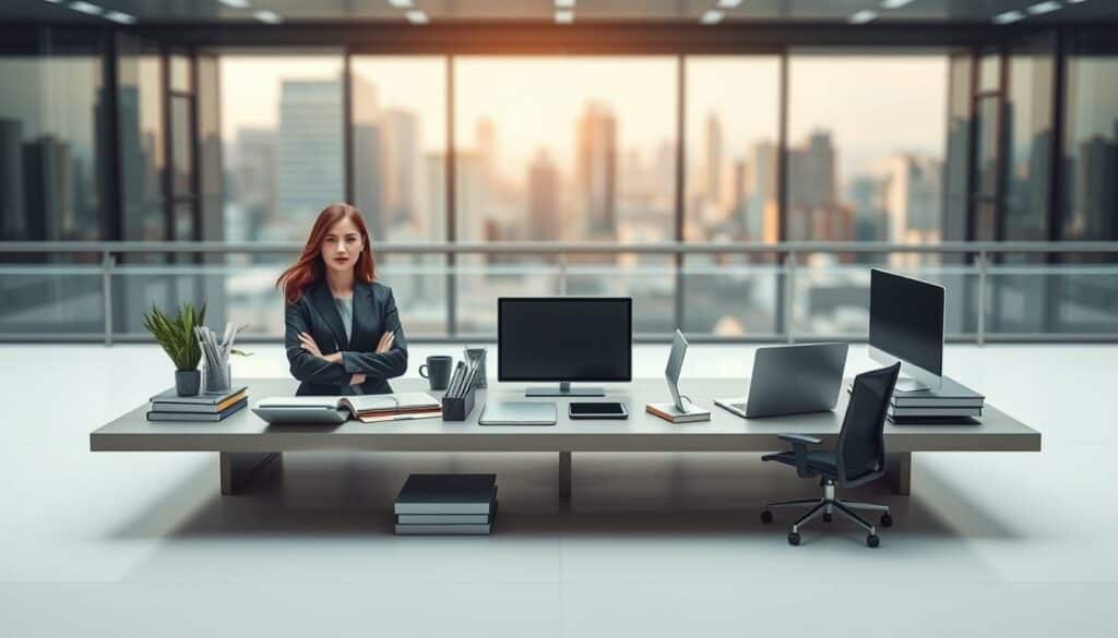 A flexible and dynamic study model, featuring a modular design with interchangeable components. The foreground showcases a confident, professional figure in business attire, surrounded by a variety of study materials and digital devices, reflecting the demands of balancing work and distance education. The middle ground depicts a sleek, minimalist workspace with clean lines and a muted color palette, creating a sense of focus and productivity. In the background, a softly blurred cityscape symbolizes the real-world context in which this flexible study model is being applied, highlighting its adaptability to the modern, fast-paced professional environment. A flexible and dynamic study model, featuring a modular design with interchangeable components. The foreground showcases a confident, professional figure in business attire, surrounded by a variety of study materials and digital devices, reflecting the demands of balancing work and distance education. The middle ground depicts a sleek, minimalist workspace with clean lines and a muted color palette, creating a sense of focus and productivity. In the background, a softly blurred cityscape symbolizes the real-world context in which this flexible study model is being applied, highlighting its adaptability to the modern, fast-paced professional environment.