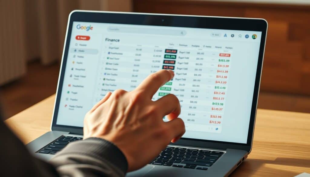 A focused close-up shot of a person's hands neatly organizing and interacting with the Google Finance Watchlist interface on a sleek, minimalist laptop display. The screen shows a clean, well-structured list of stock tickers, prices, and change indicators, exuding a sense of control and efficiency. The background is blurred, emphasizing the user's concentration on the task at hand. Warm, directional lighting casts subtle shadows, creating depth and highlighting the tactile nature of the interaction. The overall composition and mood convey a feeling of productive financial monitoring and decision-making in a modern, streamlined digital environment.