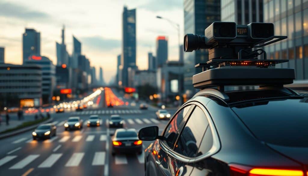 A futuristic cityscape at dusk, with sleek autonomous vehicles navigating the bustling streets. In the foreground, a cross-section of a sensor array atop an autonomous car, its advanced cameras, lidar, and radar components meticulously detailed. The middle ground features a busy intersection, where self-driving cars seamlessly coordinate their movements, their trajectories mapped by a complex network of sensors and AI-driven software. In the background, towering skyscrapers and glowing city lights set an advanced, technological atmosphere. The scene is illuminated by warm, diffused lighting, creating a sense of sophistication and technological progress.