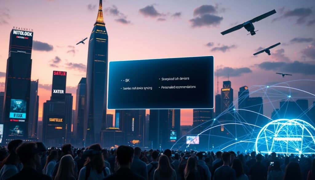 A futuristic cityscape at dusk, with towering skyscrapers and holograms projecting streaming services. In the foreground, a sleek, minimalist interface hovers, showcasing the latest streaming technologies - 8K resolution, seamless multi-device syncing, and personalized recommendations powered by AI. The middle ground features a crowd of people immersed in virtual reality headsets, exploring interactive entertainment. In the background, a network of satellites and data centers connect the world, enabling lightning-fast, low-latency streaming. The scene is bathed in a warm, futuristic glow, conveying a sense of technological progress and innovation.