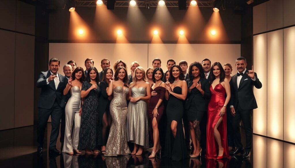 A glamorous ensemble cast gathered on a sleek, modern stage, basking in the glow of cinematic lighting. Renowned actors and actresses strike captivating poses, their expressions radiating energy and charisma. The scene exudes a sense of anticipation, hinting at the high-profile productions these stars will headline in the year 2025. Elegant yet dynamic, the image captures the allure of a star-studded television landscape, inviting the viewer to immerse themselves in the narratives these talented performers will bring to life.