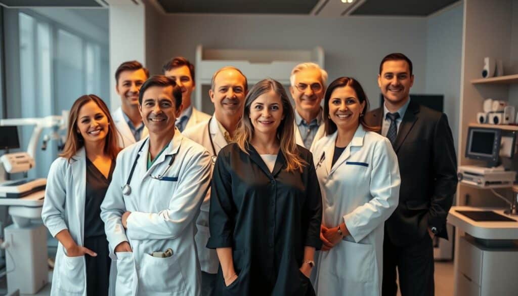 A group of experienced ophthalmologists standing together in a modern, well-equipped eye clinic in Zurich. The doctors, dressed in professional medical attire, exude an air of expertise and compassion. Warm lighting illuminates their faces, conveying a sense of trust and approachability. The clinic's sleek, minimalist interior design creates a calming, sophisticated atmosphere. The doctors are positioned in the foreground, with medical equipment and tools visible in the background, suggesting the advanced capabilities of the practice. The composition is carefully balanced, drawing the viewer's attention to the team's unity and dedication to providing exceptional eye care.