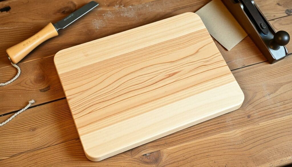 A handmade wooden cutting board sits on a rustic wooden surface, its smooth, sanded surface gleaming in the soft, natural lighting. The board is made from high-quality maple or oak, its grain pattern beautifully accentuated. Nearby, a set of carpenter's tools, including a chisel, plane, and sandpaper, are arranged neatly, hinting at the DIY process of its creation. The warm, earthy tones of the wood and the clean, minimalist design evoke a sense of craftsmanship and practicality, perfectly suited for the kitchen. The overall scene conveys a harmonious blend of function and aesthetics, capturing the essence of a homemade cutting board. A handmade wooden cutting board sits on a rustic wooden surface, its smooth, sanded surface gleaming in the soft, natural lighting. The board is made from high-quality maple or oak, its grain pattern beautifully accentuated. Nearby, a set of carpenter's tools, including a chisel, plane, and sandpaper, are arranged neatly, hinting at the DIY process of its creation. The warm, earthy tones of the wood and the clean, minimalist design evoke a sense of craftsmanship and practicality, perfectly suited for the kitchen. The overall scene conveys a harmonious blend of function and aesthetics, capturing the essence of a homemade cutting board.