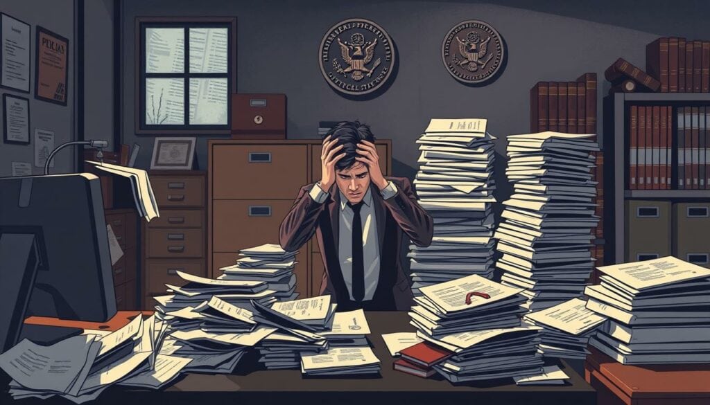 A high-contrast, documentary-style illustration showcasing common registration errors in the German commercial registry. Set in a dimly lit, industrial-chic office, with a cluttered desk in the foreground, overflowing with crumpled documents and a flickering computer screen. In the middle ground, a frustrated business owner holds their head in their hands, surrounded by piles of forms and a towering stack of rejected applications. The background features filing cabinets, legal volumes, and a wall-mounted plaque bearing the official seal, creating a sense of bureaucratic unease. Muted colors, hard shadows, and a narrow depth of field emphasize the administrative challenges faced by entrepreneurs navigating the registration process.