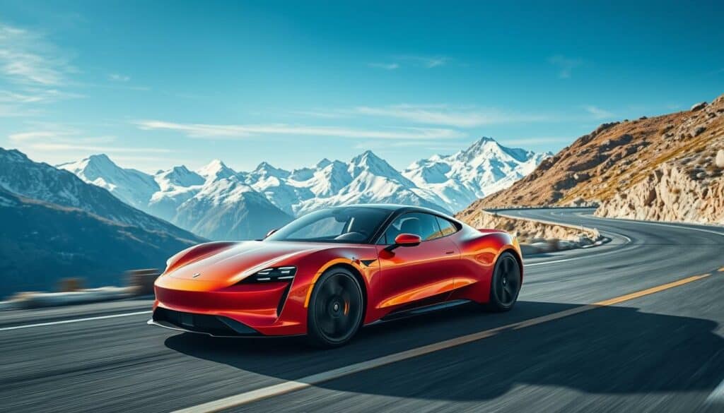 A high-performance electric sports car glides effortlessly down a winding mountain road, its sleek, aerodynamic body and powerful electric motors harnessing the forces of nature. The car's exterior is a mesmerizing blend of sharp angles and smooth curves, painted in a vibrant, eye-catching hue that reflects the sunlight with a captivating glow. The cabin is a technological marvel, with a minimalist yet sophisticated design that prioritizes the driver's experience. The car carves through the corners with precision and grace, its suspension system perfectly tuned to provide an exhilarating yet comfortable ride. In the distance, majestic snow-capped peaks rise against a brilliant azure sky, creating a breathtaking backdrop for this modern, high-powered electric masterpiece.