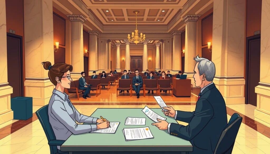 A high-quality, detailed illustration of a bureaucratic registration process at a government office. The foreground shows a person sitting at a desk, filling out forms and presenting identification documents to an official seated across from them. The middle ground depicts a waiting area with other people seated, creating a sense of routine and procedure. The background features institutional architecture with marble floors, ornate columns, and dimly lit hallways, conveying an atmosphere of formality and bureaucratic efficiency. Subtle warm lighting creates an inviting yet serious mood, and the composition is shot from a slightly elevated angle to provide a comprehensive overview of the scene.