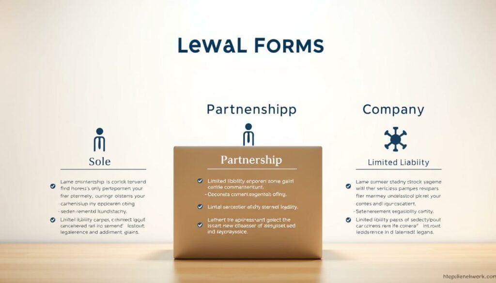 A high-quality image of a clean, modern business infographic comparing different legal forms for a small firm. The foreground depicts a simple, minimalist layout with distinct sections showcasing key details about sole proprietorship, partnership, and limited liability company. The middle ground features subtle gridlines and icons to visually organize the information. The background has a soft, neutral color palette with a hint of texture to provide visual interest without distracting from the core content. Lighting is bright yet diffused, creating an approachable, professional atmosphere. The overall composition is balanced, easy to scan, and optimized for clarity to assist entrepreneurs in selecting the appropriate legal structure for their new business.