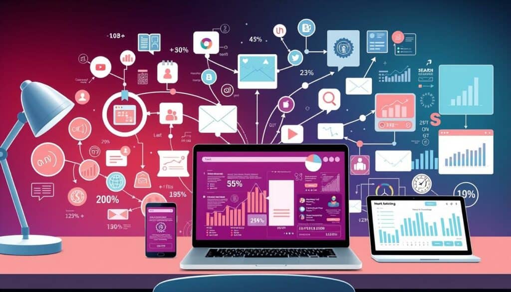 A high-quality, professional digital illustration depicting a comprehensive online marketing strategy. In the foreground, a minimalist desktop setup with a laptop, smartphone, and tablet showcasing various digital marketing analytics and campaign management tools. The middle ground features a network of interconnected digital marketing channels such as social media, email, search engine optimization, and influencer collaborations. In the background, a vibrant, data-rich visualization of audience engagement, conversion funnels, and ROI metrics. The overall scene conveys a sense of efficiency, synergy, and data-driven decision-making essential for successful modern marketing.