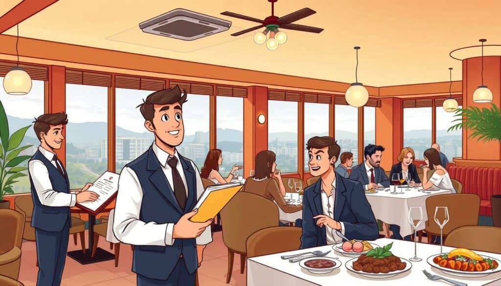A high-quality restaurant interior with warm, inviting lighting, clean modern furnishings, and natural elements like wood and greenery. In the foreground, a smartly dressed waiter presents a menu to a well-dressed couple seated at a table, conveying an atmosphere of attentive service and refined dining. In the middle ground, other diners converse over plates of delectable-looking food, while the background showcases large windows offering a view of a scenic cityscape. The overall mood is one of sophistication, comfort, and culinary delight, perfectly capturing the "Praktische Tipps Restaurantbesuch" section of the article. A high-quality restaurant interior with warm, inviting lighting, clean modern furnishings, and natural elements like wood and greenery. In the foreground, a smartly dressed waiter presents a menu to a well-dressed couple seated at a table, conveying an atmosphere of attentive service and refined dining. In the middle ground, other diners converse over plates of delectable-looking food, while the background showcases large windows offering a view of a scenic cityscape. The overall mood is one of sophistication, comfort, and culinary delight, perfectly capturing the "Praktische Tipps Restaurantbesuch" section of the article.