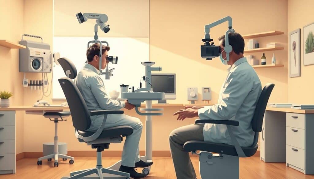 A high-resolution, detailed illustration of specialized eye treatments, showcasing a serene, modern ophthalmology clinic. In the foreground, a patient reclines comfortably in an examination chair, their eyes being carefully evaluated by a skilled ophthalmologist using advanced diagnostic equipment. The middle ground features various medical instruments and tools neatly arranged, conveying a sense of professionalism and precision. The background depicts a warm, calming environment with soft lighting, soothing colors, and minimalist decor, creating an atmosphere of trust and expertise. The overall scene captures the essence of specialized, personalized eye care, highlighting the clinic's commitment to providing exceptional treatment and support.