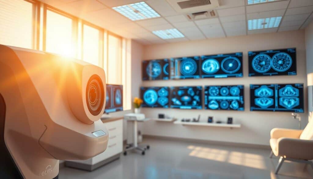 A high-tech ophthalmology clinic, bathed in warm, natural light. In the foreground, a sleek, modern eye examination device, its smooth, angular design conveying precision and innovation. Midground, an array of diagnostic screens displaying intricate scans and visualizations, the results of cutting-edge ocular analysis. In the background, a serene, minimal waiting area, with clean lines and muted colors, reflecting a calming, patient-centric atmosphere. The overall scene evokes a sense of advanced medical technology seamlessly integrated with a refined, welcoming environment, perfectly suited to illustrate the "Modern Technology and Precise Diagnostics" section of the article.
