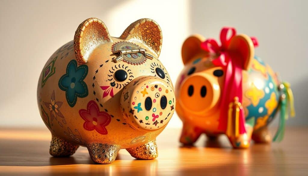 A highly detailed, brightly lit image of various decorative techniques applied to a colorful, handcrafted piggy bank. The foreground showcases intricate patterns, textures, and embellishments, such as painted designs, decoupage, glitter, ribbons, and tassels. The middle ground features the bank's diverse shape and form, highlighted by a warm, natural lighting. The background provides a clean, minimalist setting, allowing the decorative masterpiece to take center stage. The overall composition conveys a sense of whimsical creativity, inspiring the viewer to explore the endless possibilities of personalizing a simple savings container.