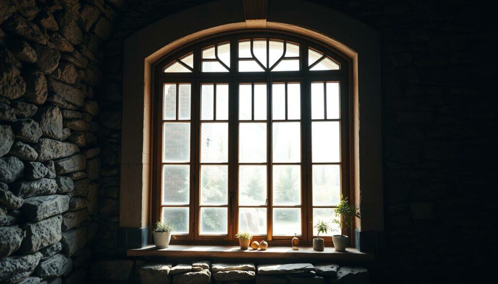 A large bay window set into a stone basement wall, letting in abundant natural light. The window frame is weathered wood, with intricate mullions and a graceful arched top. Soft, diffused sunlight streams through the glass panes, illuminating the shadowy interior beyond. The surrounding stone walls are rough-hewn, creating a cozy, rustic atmosphere. Potted plants and small decorative items adorn the windowsill, adding a touch of warmth and life. The overall scene evokes a sense of tranquility and connection to the outdoors, drawing the eye towards the brightened basement space beyond.