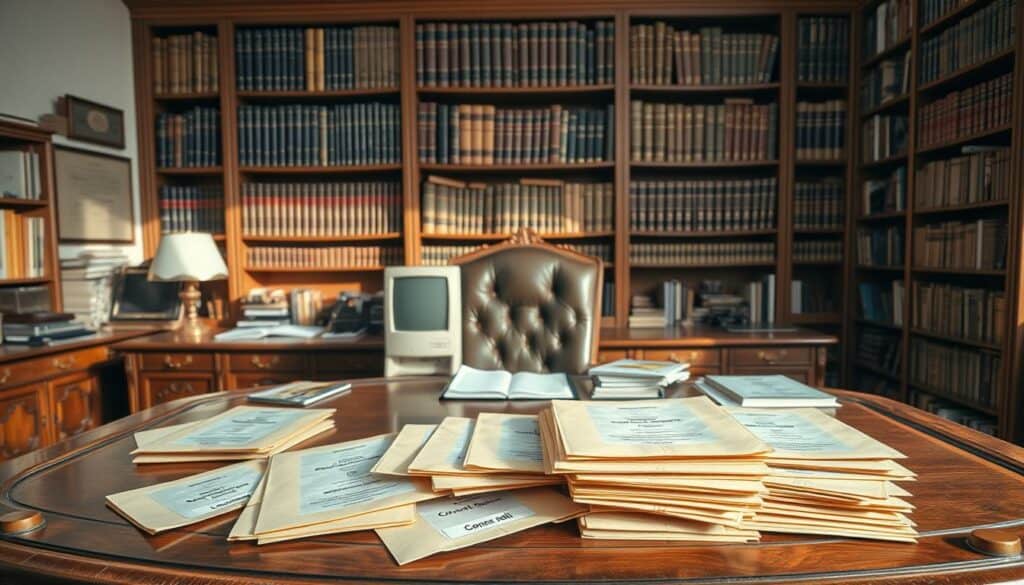A large, ornate wooden desk sits in a sunlit office, its surface adorned with various business documents and a vintage desktop computer. Behind it, a floor-to-ceiling bookshelf filled with legal tomes and reference materials dominates the scene. Scattered across the desk are several manila folders, each labeled with different search criteria for the German commercial register, such as company name, address, and registration number. The warm, professional atmosphere evokes the serious, detailed process of researching a company's details through the commercial register. A large, ornate wooden desk sits in a sunlit office, its surface adorned with various business documents and a vintage desktop computer. Behind it, a floor-to-ceiling bookshelf filled with legal tomes and reference materials dominates the scene. Scattered across the desk are several manila folders, each labeled with different search criteria for the German commercial register, such as company name, address, and registration number. The warm, professional atmosphere evokes the serious, detailed process of researching a company's details through the commercial register.