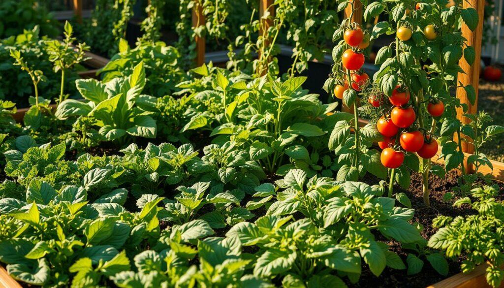 A lush, thriving raised garden bed filled with a vibrant mix of leafy greens, aromatic herbs, and colorful veggies. The sun casts a warm, golden glow, illuminating the verdant foliage and rich soil. Carefully cultivated rows of kale, Swiss chard, and basil plants stand tall, their leaves gently swaying in a soft breeze. In the foreground, a variety of tomato plants climb upwards, their plump, ripe fruits beckoning. The background features a wooden trellis supporting climbing vines, adding depth and texture to the idyllic scene. This image conveys the essence of a healthy, productive, and visually appealing "Hochbeet" - a sustainable, space-efficient way to enjoy homegrown produce. A lush, thriving raised garden bed filled with a vibrant mix of leafy greens, aromatic herbs, and colorful veggies. The sun casts a warm, golden glow, illuminating the verdant foliage and rich soil. Carefully cultivated rows of kale, Swiss chard, and basil plants stand tall, their leaves gently swaying in a soft breeze. In the foreground, a variety of tomato plants climb upwards, their plump, ripe fruits beckoning. The background features a wooden trellis supporting climbing vines, adding depth and texture to the idyllic scene. This image conveys the essence of a healthy, productive, and visually appealing "Hochbeet" - a sustainable, space-efficient way to enjoy homegrown produce.