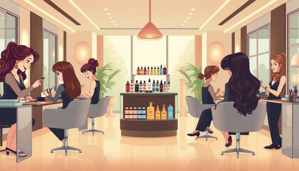 A luxurious friseur salon showcasing its premium services. In the foreground, a team of skilled stylists working with precision on elegant hairstyles, using high-end tools and products. The middle ground features a display of exclusive hair treatments and accessories, exuding an air of exclusivity. The background depicts a serene, modern ambiance with minimalist decor, calming lighting, and large windows allowing natural light to stream in, creating a tranquil and rejuvenating atmosphere. The overall mood conveys a sense of indulgence, pampering, and a commitment to delivering a truly memorable hair care experience.