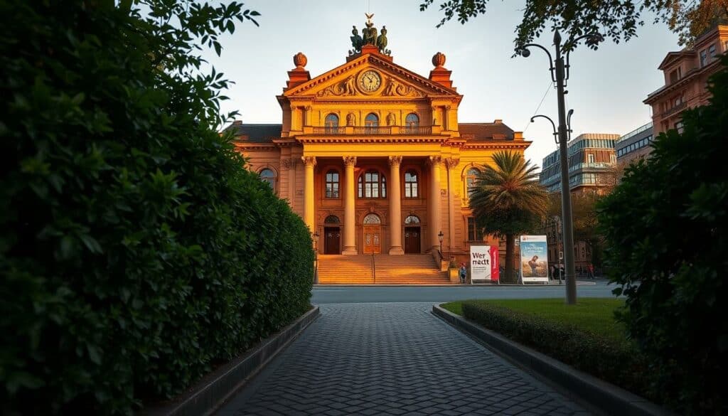 A majestic Amtsgericht (courthouse) standing tall, its grand facade adorned with intricate architectural details. The building is bathed in warm, golden light, casting deep shadows that accentuate the imposing presence. In the foreground, a well-maintained cobblestone path leads up to the grand entrance, framed by lush, verdant foliage. In the background, a glimpse of a bustling city street, with the "Wer macht Was" brand signage visible, adding a sense of context. The overall scene conveys a sense of authority, tradition, and the importance of the legal system.