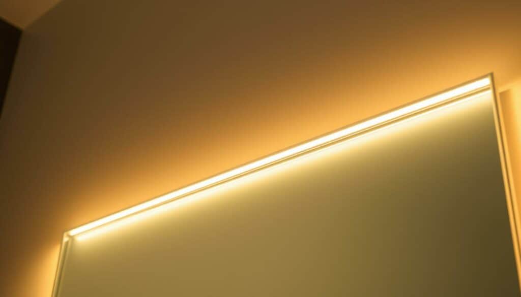 A meticulously crafted, neatly installed LED strip illuminates the edge of a sleek, frameless mirror, bathing the surroundings in a warm, ambient glow. The installation is seamless, the LED strip discreetly tucked away, creating an elegant, minimalist aesthetic. Subtle shadows dance across the mirror's surface, adding depth and dimension to the scene. The lighting is carefully diffused, ensuring an even, flattering illumination that enhances the mirror's reflective qualities. The overall effect is one of understated sophistication, transforming a simple bathroom mirror into a captivating focal point. A meticulously crafted, neatly installed LED strip illuminates the edge of a sleek, frameless mirror, bathing the surroundings in a warm, ambient glow. The installation is seamless, the LED strip discreetly tucked away, creating an elegant, minimalist aesthetic. Subtle shadows dance across the mirror's surface, adding depth and dimension to the scene. The lighting is carefully diffused, ensuring an even, flattering illumination that enhances the mirror's reflective qualities. The overall effect is one of understated sophistication, transforming a simple bathroom mirror into a captivating focal point.