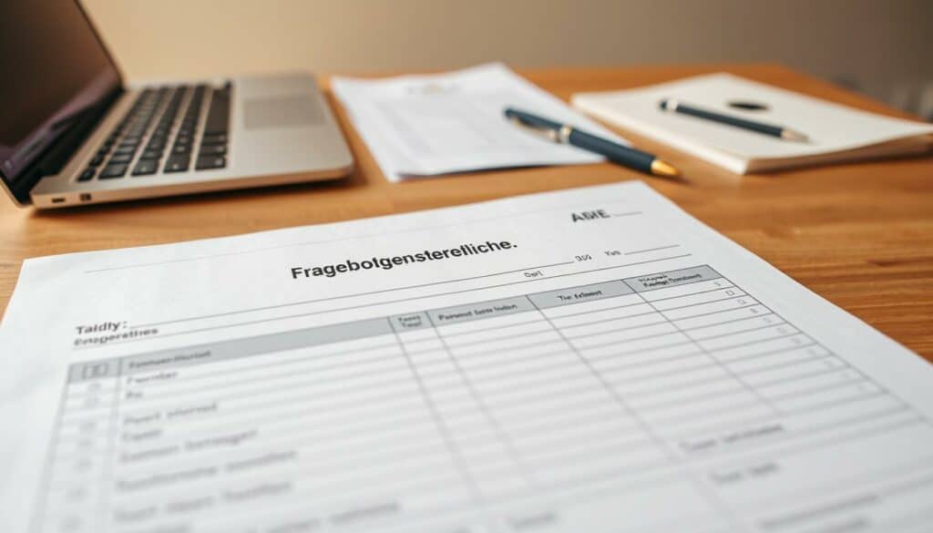 A meticulously detailed document titled "Fragebogen steuerliche Erfassung" filling the foreground, with a clean and organized layout showcasing various tax-related fields and checkboxes. In the middle ground, a professional-looking desk with a laptop, pen, and other office supplies, conveying a sense of diligent preparation. The background features a warm, yet muted color palette, creating a serene and focused atmosphere, ideal for a self-employed coach's practical steps towards entrepreneurship. Soft, natural lighting illuminates the scene, enhancing the sense of professionalism and attention to detail. A meticulously detailed document titled "Fragebogen steuerliche Erfassung" filling the foreground, with a clean and organized layout showcasing various tax-related fields and checkboxes. In the middle ground, a professional-looking desk with a laptop, pen, and other office supplies, conveying a sense of diligent preparation. The background features a warm, yet muted color palette, creating a serene and focused atmosphere, ideal for a self-employed coach's practical steps towards entrepreneurship. Soft, natural lighting illuminates the scene, enhancing the sense of professionalism and attention to detail.