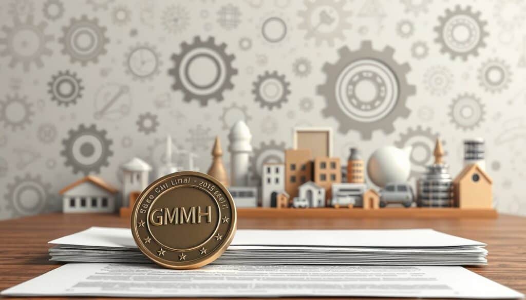 A meticulously rendered digital illustration depicting the concept of "Stammkapital und Sacheinlagen" (Share capital and contributions in kind). In the foreground, a 3D model of a modern, minimalist GmbH company seal, cast in shiny metallic bronze, sits atop a stack of official documents. In the middle ground, a collection of various assets such as real estate, machinery, and intellectual property are shown, represented by clean, geometric shapes in muted colors. The background features an abstract wallpaper pattern of interlocking gears and financial symbols, conveying the complex legal and financial aspects of establishing a limited liability company. The overall mood is one of professionalism, attention to detail, and the importance of properly structuring a company's initial capitalization. A meticulously rendered digital illustration depicting the concept of "Stammkapital und Sacheinlagen" (Share capital and contributions in kind). In the foreground, a 3D model of a modern, minimalist GmbH company seal, cast in shiny metallic bronze, sits atop a stack of official documents. In the middle ground, a collection of various assets such as real estate, machinery, and intellectual property are shown, represented by clean, geometric shapes in muted colors. The background features an abstract wallpaper pattern of interlocking gears and financial symbols, conveying the complex legal and financial aspects of establishing a limited liability company. The overall mood is one of professionalism, attention to detail, and the importance of properly structuring a company's initial capitalization.