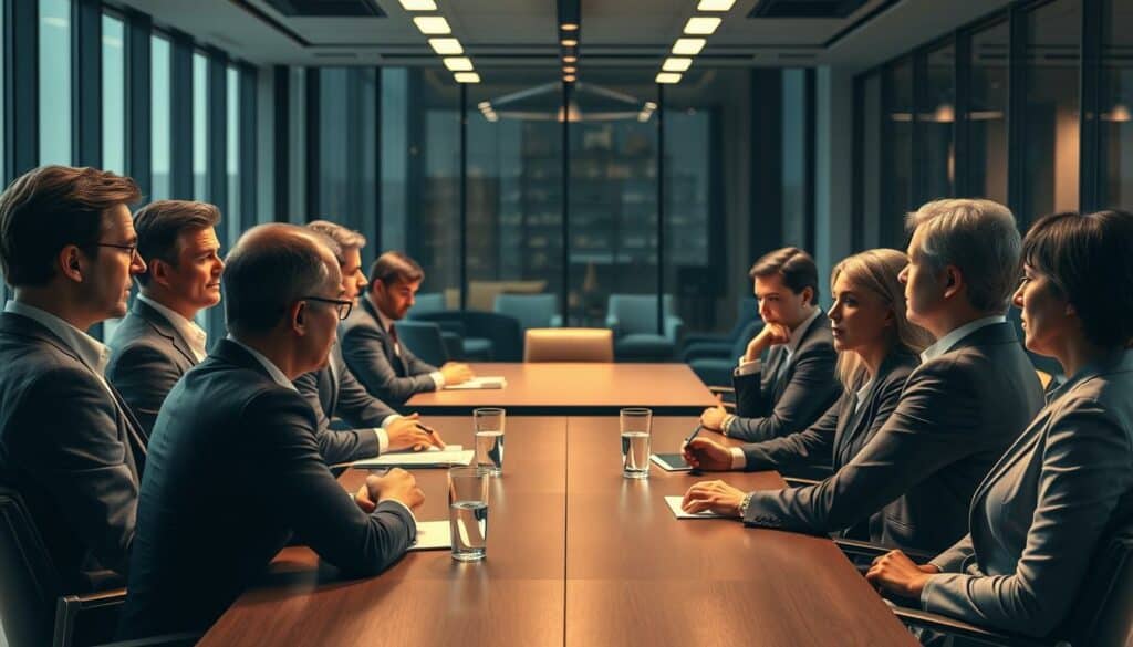 A meticulously rendered scene depicting the concept of "Haftungsfragen bei GbR". In the foreground, a group of professional businesspeople in formal attire engage in a serious discussion, their expressions conveying the weighty concerns of liability and risk management. In the middle ground, a large conference table surrounded by chairs sets the stage for their deliberations, the lighting warm and focused, lending an air of gravitas. The background features a sleek, modern office environment with floor-to-ceiling windows, hinting at the high-stakes corporate world in which this GbR operates. The overall mood is one of thoughtful contemplation, as the figures grapple with the complex legal and financial implications of their shared enterprise.