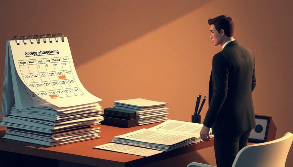 A meticulously rendered scene depicting the process of Gewerbeabmeldung, with a focus on the key deadlines and time frames involved. Set in a warm, muted color palette, the image shows a businessman in a suit standing at a desk, surrounded by a stack of documents and a calendar highlighting important dates. The lighting is soft and directional, casting subtle shadows that add depth and dimensionality to the composition. The background features a subtle pattern or texture that suggests the bureaucratic nature of the task at hand, without distracting from the main subject. The overall mood is one of concentration and attention to detail, reflecting the importance of properly navigating the legal and administrative requirements for closing a business.