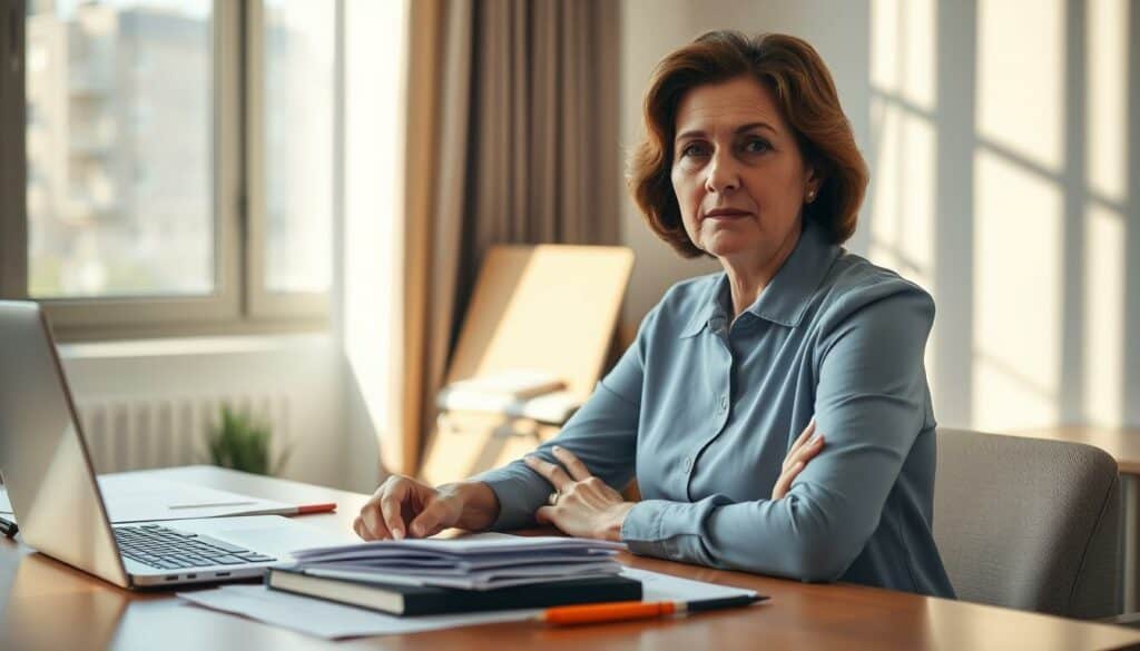 A middle-aged professional woman sitting at a desk, deeply engaged in evaluating her career skills and potential for career growth. The scene is well-lit with natural light streaming in from a window, casting a warm glow over the workspace. On the desk, there are various documents, notes, and a laptop - all the tools she needs to thoughtfully assess her abilities and plan her next steps. The woman's expression is one of focused contemplation, as she carefully considers how her existing skills and experiences can be leveraged for a successful career transition or advancement. The overall atmosphere conveys a sense of determination and optimism, reflecting the opportunity and possibilities that lie ahead. A middle-aged professional woman sitting at a desk, deeply engaged in evaluating her career skills and potential for career growth. The scene is well-lit with natural light streaming in from a window, casting a warm glow over the workspace. On the desk, there are various documents, notes, and a laptop - all the tools she needs to thoughtfully assess her abilities and plan her next steps. The woman's expression is one of focused contemplation, as she carefully considers how her existing skills and experiences can be leveraged for a successful career transition or advancement. The overall atmosphere conveys a sense of determination and optimism, reflecting the opportunity and possibilities that lie ahead.