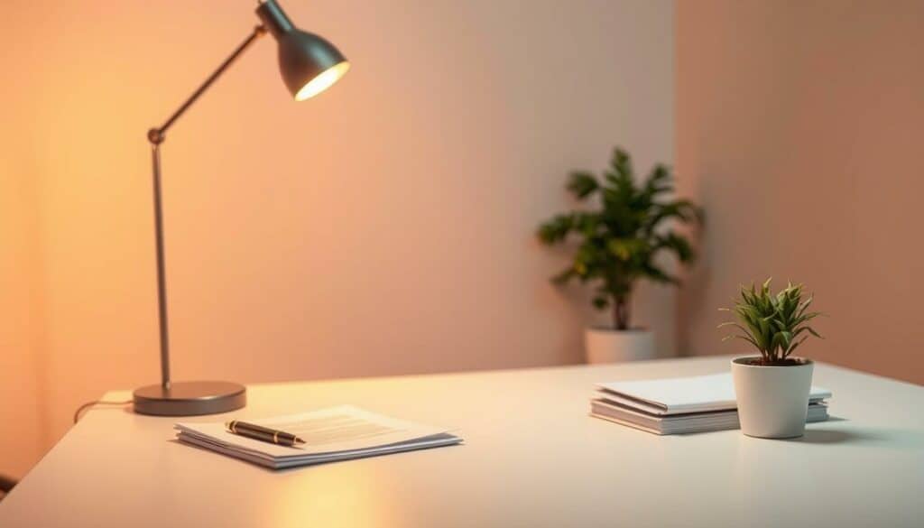 A minimalist but thoughtful office setting, bathed in warm, golden light from a single overhead lamp. The desk is a clean, uncluttered surface, with a pen, a neat stack of documents, and a potted plant adding a touch of greenery. The background features a subtle gradient, suggesting a serene, contemplative atmosphere. The overall scene evokes a sense of focus, organization, and careful consideration - the perfect environment for contemplating the "Practical Tips for a Successful Retroactive Registration" of a new business venture.