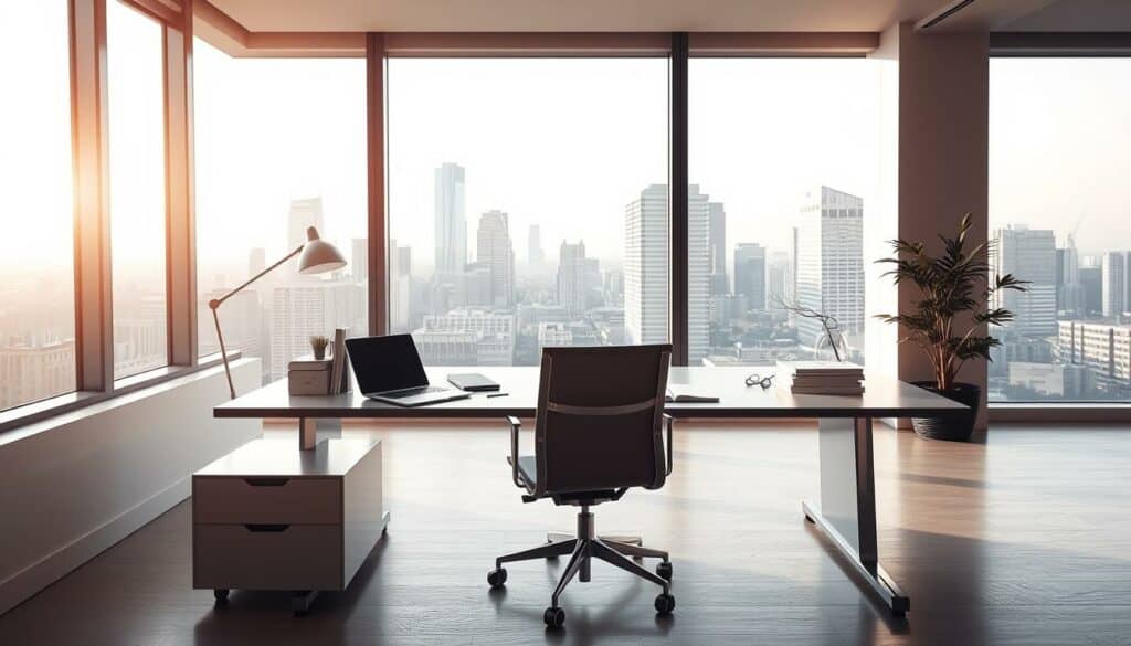 A minimalist office setting with a sleek, modern desk and chair. On the desk, a laptop and some neatly organized documents and office supplies. In the background, a large window overlooks a cityscape, allowing natural light to flood the space. A sense of efficiency and organization pervades the scene. The overall mood is one of productivity and the effective reuse of learning materials, reflected in the tidy workspace and technological tools at the ready. Captured with a wide-angle lens to emphasize the clean, uncluttered design. Soft, warm lighting casts a gentle glow over the entire composition. A minimalist office setting with a sleek, modern desk and chair. On the desk, a laptop and some neatly organized documents and office supplies. In the background, a large window overlooks a cityscape, allowing natural light to flood the space. A sense of efficiency and organization pervades the scene. The overall mood is one of productivity and the effective reuse of learning materials, reflected in the tidy workspace and technological tools at the ready. Captured with a wide-angle lens to emphasize the clean, uncluttered design. Soft, warm lighting casts a gentle glow over the entire composition.