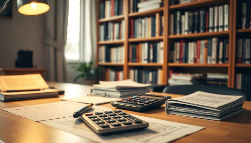 A minimalistic desk scene with a calculator, a pen, and neatly organized financial documents, illuminated by warm overhead lighting and a soft, natural window glow. In the background, a bookshelf filled with accounting and tax-related books, creating a cozy, professional atmosphere. The mood is one of efficiency, organization, and thoughtful consideration of ways to optimize tax-related costs and services. A minimalistic desk scene with a calculator, a pen, and neatly organized financial documents, illuminated by warm overhead lighting and a soft, natural window glow. In the background, a bookshelf filled with accounting and tax-related books, creating a cozy, professional atmosphere. The mood is one of efficiency, organization, and thoughtful consideration of ways to optimize tax-related costs and services.