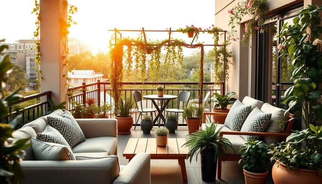 A modern and inviting balcony setting, featuring a variety of cozy seating arrangements and lush greenery. The foreground showcases a plush outdoor sofa and armchair, arranged around a low wooden coffee table, creating an intimate conversation area. The middle ground is filled with potted plants, trailing vines, and a small bistro table with two chairs, evoking a Mediterranean-inspired atmosphere. In the background, a delicate trellis supports cascading flowers, framing the scene and adding a touch of whimsy. Warm, natural lighting washes over the space, casting a serene and tranquil ambiance. The overall composition emphasizes harmonious balance, highlighting the versatility of balcony design across different stylistic directions.
