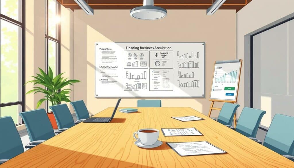 A modern and professional office interior, with a large wooden conference table in the foreground. Sunlight streams in through large windows, illuminating the space. The table is adorned with finance-related documents, a laptop, and a cup of coffee. In the background, a whiteboard displays various financial charts and diagrams, representing the different financing options for a business acquisition. The overall atmosphere is one of thoughtful deliberation and strategic planning, conveying the seriousness and importance of the topic at hand. A modern and professional office interior, with a large wooden conference table in the foreground. Sunlight streams in through large windows, illuminating the space. The table is adorned with finance-related documents, a laptop, and a cup of coffee. In the background, a whiteboard displays various financial charts and diagrams, representing the different financing options for a business acquisition. The overall atmosphere is one of thoughtful deliberation and strategic planning, conveying the seriousness and importance of the topic at hand.