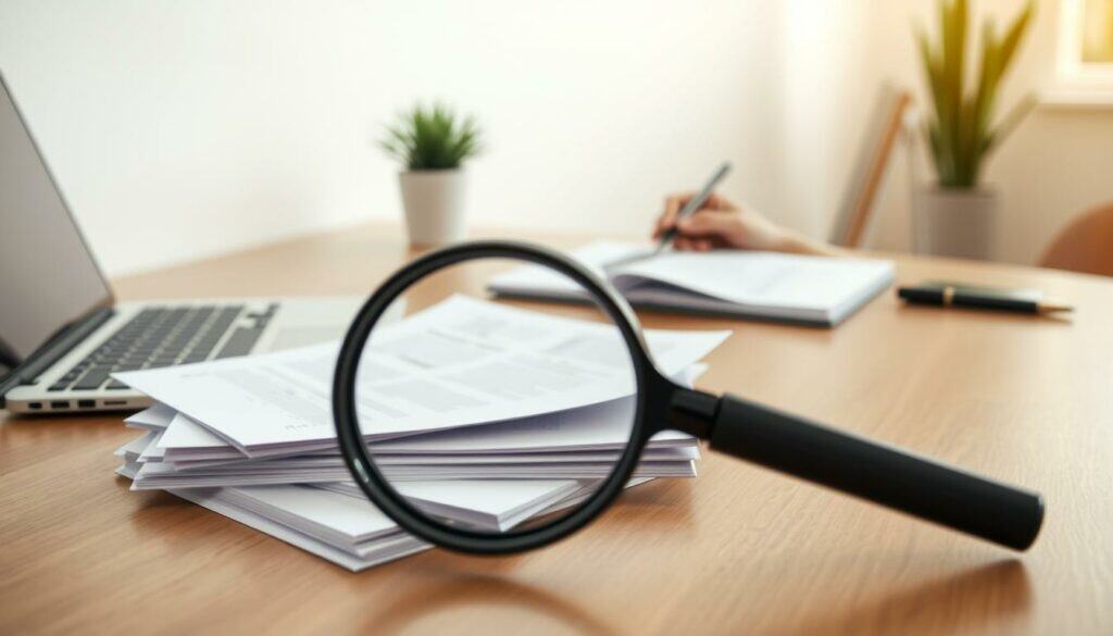 A modern and professional office space with a wooden desk, a laptop, a pen, and a stack of documents. The foreground features a magnifying glass hovering over the documents, symbolizing the careful review process. In the middle ground, a person's hands are filling out forms, conveying the act of applying for the grant. The background showcases a minimalist, well-lit environment with clean lines and a sense of organization, reflecting the structured nature of the grant application. The lighting is soft and natural, creating a calm and focused atmosphere. The overall composition emphasizes attention to detail, diligence, and the successful completion of the grant application process.