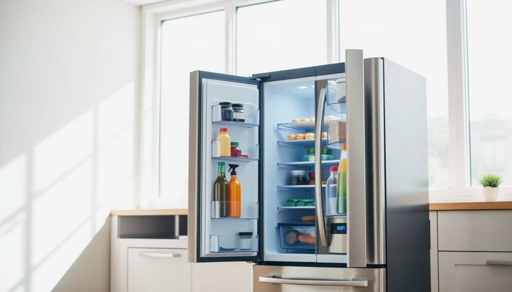 A modern and well-organized kitchen interior with a sleek, stainless steel refrigerator taking center stage. The refrigerator door is open, revealing its neatly arranged contents, showcasing the importance of regular maintenance and cleaning. Bright, natural lighting streams in through large windows, illuminating the scene and creating a sense of cleanliness and organization. The background features minimalist, neutral-toned cabinetry and countertops, complementing the appliance's streamlined design. The overall atmosphere conveys a sense of efficiency, attention to detail, and the benefits of maintaining a well-kept, functional kitchen space.