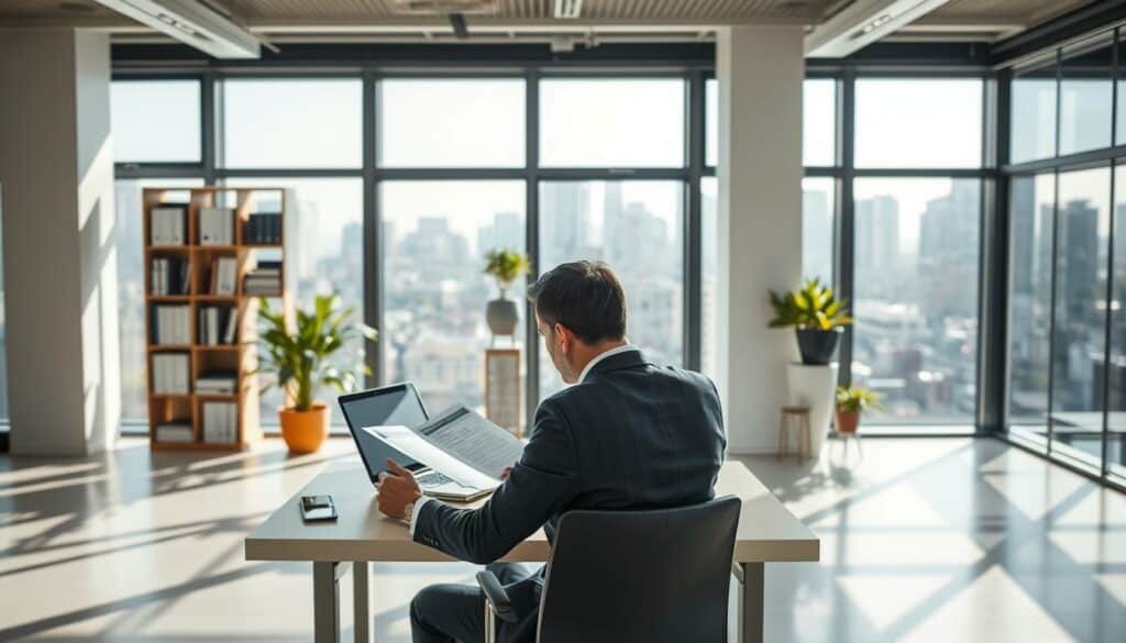 A modern, clean-looking office setting with natural lighting streaming through large windows. In the foreground, a person in business attire sitting at a desk, intently examining documents and laptop screens, symbolizing the transition from private health insurance (PKV) to public health insurance (GKV). The middle ground features a bookshelf and potted plants, creating a professional yet relaxed atmosphere. The background showcases a city skyline, suggesting the broader context of the healthcare system change. The overall mood is one of focus, contemplation, and a sense of important decision-making. A modern, clean-looking office setting with natural lighting streaming through large windows. In the foreground, a person in business attire sitting at a desk, intently examining documents and laptop screens, symbolizing the transition from private health insurance (PKV) to public health insurance (GKV). The middle ground features a bookshelf and potted plants, creating a professional yet relaxed atmosphere. The background showcases a city skyline, suggesting the broader context of the healthcare system change. The overall mood is one of focus, contemplation, and a sense of important decision-making.