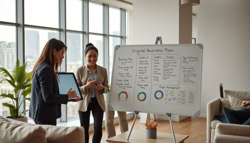 A modern digital office interior with sleek minimalist furniture, large windows allowing natural light, and a professional yet welcoming atmosphere. In the foreground, a team of young business executives in smart casual attire collaborating around a large touchscreen display, gesturing animatedly as they plan and strategize. In the middle ground, a prominent whiteboard displays a digital business plan, key performance indicators, and agile project management notes. The background features a view of an urban skyline, conveying a sense of momentum and progress. Lighting is soft and even, creating a productive yet comfortable mood. The overall composition suggests a thriving, digitally-enabled startup or small-to-medium enterprise.