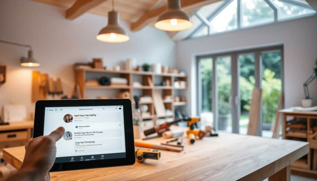 A modern home workshop with a clean, minimalist aesthetic. In the foreground, a tablet or smartphone displaying a digital assistant interface, guiding the user through a home improvement project step-by-step. Warm, diffused lighting from overhead fixtures casts a soft glow, creating an inviting atmosphere. The middle ground features various carpentry tools neatly arranged on a sturdy, wooden workbench. In the background, shelves lined with DIY supplies and a large window overlooking a lush, green garden, suggesting a tranquil, relaxing environment conducive to productive work.