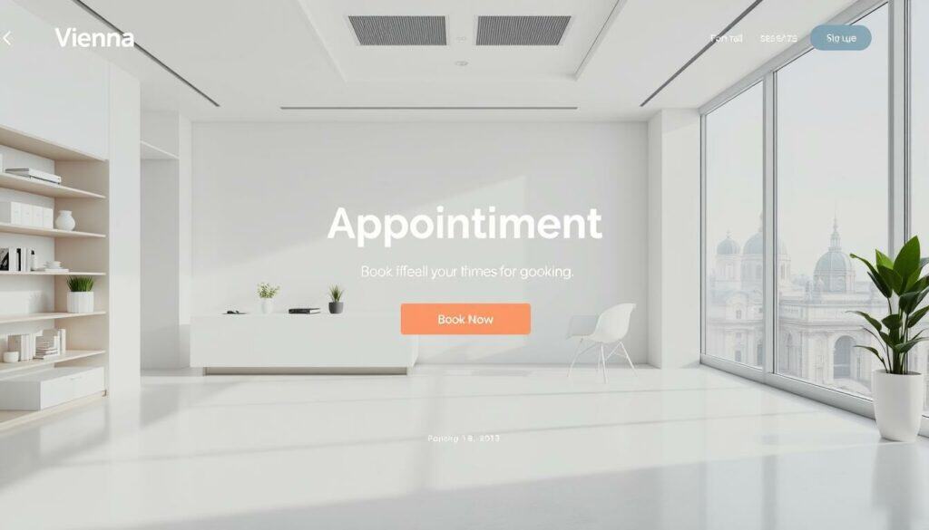 A modern, minimalist design featuring a sleek, professional-looking appointment booking interface for an ophthalmology practice. The foreground showcases a clean, intuitive user interface with a prominent "Book Appointment" button and calendar view. The middle ground depicts a medical office interior with minimalist decor, natural lighting, and subtle branding elements. The background subtly suggests the cityscape of Vienna, with iconic architectural landmarks in the distance, conveying a sense of a high-quality, urban ophthalmology service. The overall aesthetic is one of efficiency, trustworthiness, and a commitment to patient care.