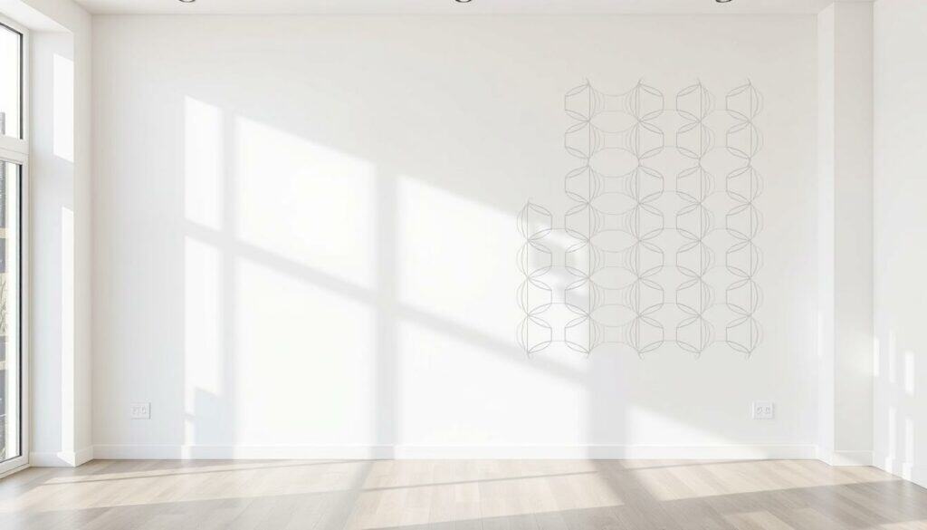 A modern, minimalist home interior with a large white wall, featuring a custom DIY wall decal created using a decorative transfer film. The decal design is a elegant, abstract pattern with interlocking geometric shapes and a subtle gradient effect, bringing a contemporary, artistic touch to the space. The room is well-lit, with natural daylight streaming in through large windows, casting soft shadows and highlights across the wall. The overall scene exudes a sense of refined simplicity and tasteful, handcrafted style.