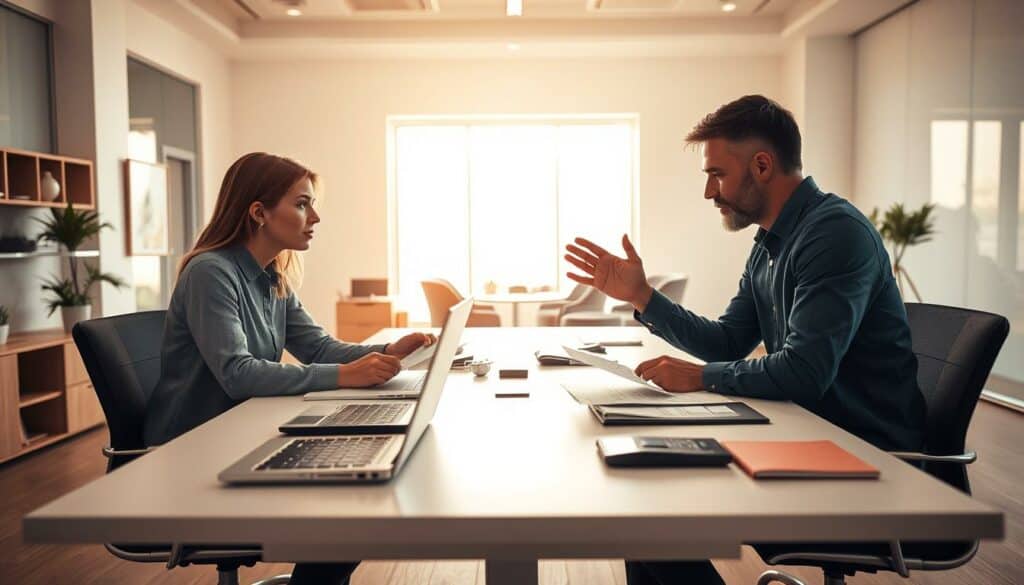 A modern, minimalist office interior with a large desk and two people sitting across from each other, evaluating documents and discussing offers. The lighting is warm and inviting, with a soft glow from a large window in the background. The desk is organized and clean, with a laptop, calculator, and various office supplies. The two people are engaged in a serious conversation, leaning forward and gesturing as they compare and analyze the information in front of them. The atmosphere conveys a sense of careful consideration and decision-making.
