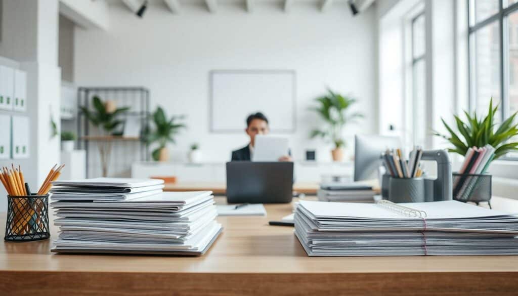 A modern, minimalist office setting with a well-organized desk and a variety of office supplies and stationery. In the foreground, a laptop and a neatly stacked pile of documents symbolize the outsourcing of administrative tasks. The middle ground features a person in a professional attire, either on a video call or typing on the computer, conveying the idea of delegating work to a service provider. The background showcases a bright, airy room with large windows, creating a calm and productive atmosphere. The overall scene evokes a sense of efficiency, time-saving, and the benefits of outsourcing administrative duties. A modern, minimalist office setting with a well-organized desk and a variety of office supplies and stationery. In the foreground, a laptop and a neatly stacked pile of documents symbolize the outsourcing of administrative tasks. The middle ground features a person in a professional attire, either on a video call or typing on the computer, conveying the idea of delegating work to a service provider. The background showcases a bright, airy room with large windows, creating a calm and productive atmosphere. The overall scene evokes a sense of efficiency, time-saving, and the benefits of outsourcing administrative duties.