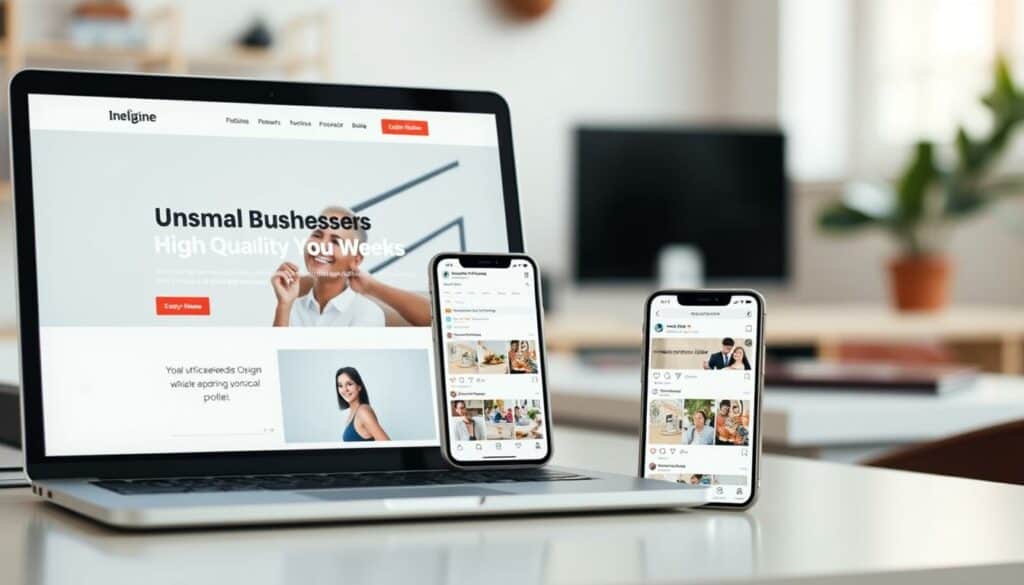 A modern, minimalist website with a clean, responsive design showcasing a small business's digital presence. In the foreground, a laptop display features a sleek, professionally-designed homepage with high-quality imagery, intuitive navigation, and a call-to-action button. In the middle ground, a smartphone displays the business's active social media profiles, with engaging visuals and regular updates. The background subtly suggests a coworking space or home office setting, with natural lighting and a clutter-free workspace. The overall scene conveys a sense of professionalism, focus, and a strong online brand identity for the small business.