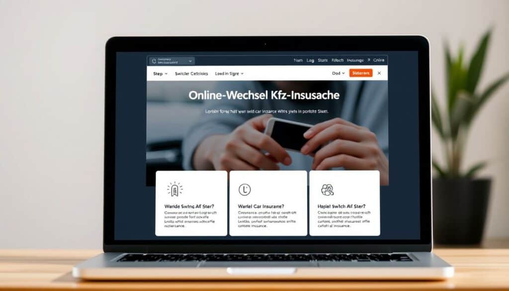 A modern, sleek web interface depicting the process of switching car insurance online. The foreground features a laptop or tablet display showcasing the step-by-step "Online-Wechsel Kfz-Versicherung" interface, with clean typography, intuitive navigation, and informative graphics. The middle ground shows a person's hands interacting with the digital controls, conveying the ease and convenience of the online switching process. The background is a minimalist, neutral-toned setting, allowing the technology-focused elements to take center stage. The overall scene has a professional, user-friendly tone, reflecting the streamlined experience of changing car insurance policies through a digital platform. A modern, sleek web interface depicting the process of switching car insurance online. The foreground features a laptop or tablet display showcasing the step-by-step "Online-Wechsel Kfz-Versicherung" interface, with clean typography, intuitive navigation, and informative graphics. The middle ground shows a person's hands interacting with the digital controls, conveying the ease and convenience of the online switching process. The background is a minimalist, neutral-toned setting, allowing the technology-focused elements to take center stage. The overall scene has a professional, user-friendly tone, reflecting the streamlined experience of changing car insurance policies through a digital platform.